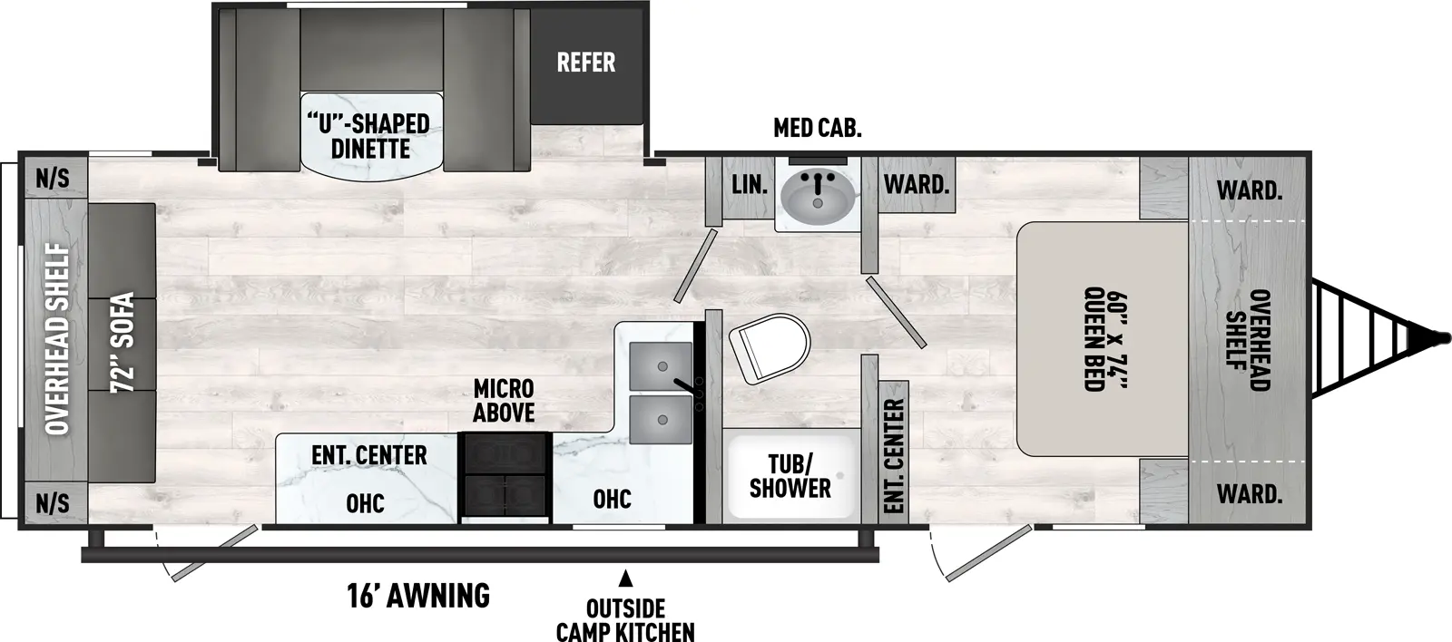 The Viking Travel Trailers 272RLS has two entries and one slide out. Exterior features include: metal exterior, 16' awning and outside kitchen. Interiors features include: u-dinette, front bedroom, rear living and pass through bathroom.